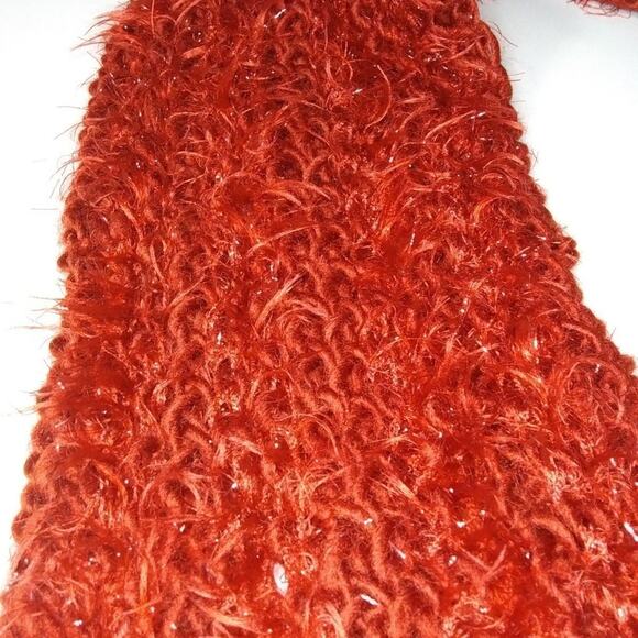 Glittery Winter Beanie Hat and Oblong Scarf Set Fringe Trim Faux Fur Rust Color - Picture 4 of 8